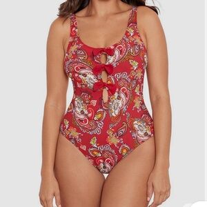Red Paisley Tie-Front One-Piece Swimsuit